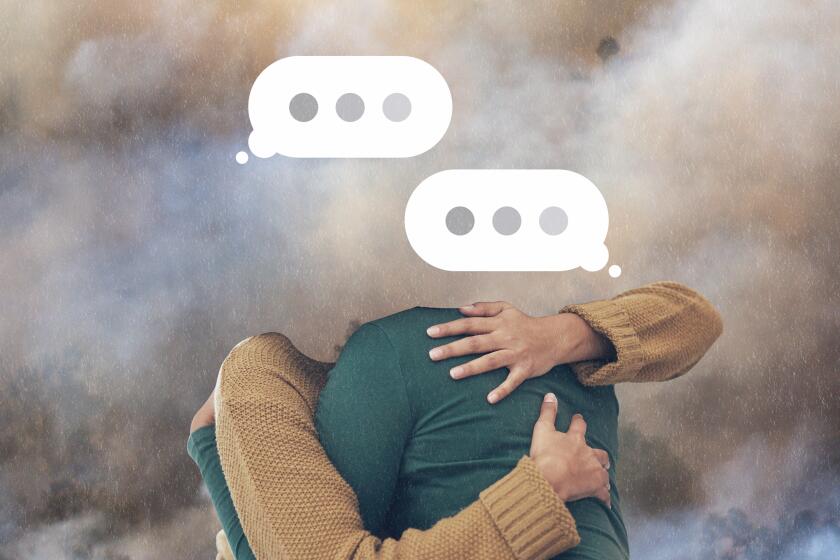 Photo illustration of two people hugging on a smoke filled background with text bubbles showing typing ellipsis