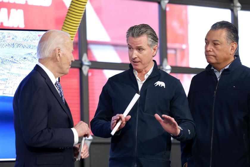 SANTA MONICA, CA, JANUARY 8, 2025: President of the United States Joe Biden, California Governor Gavin Newsom, and United States Senator Alex Padilla, from left, attend a briefing on the recent fires at Santa Monica Fire Station #5 on Wednesday, January 8, 2025. (Christina House / Los Angeles Times)