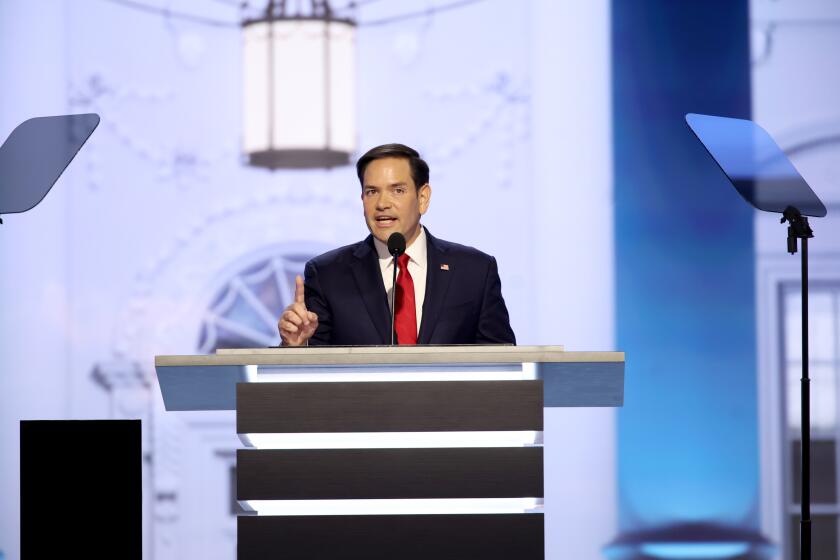 MILWAUKEE, WI JULY 16, 2024 -- Sen. Marco Rubio, R-Fla., speaks during the 2024 Republican National Convention at Milwaukee, WI on Tuesday, July 16, 2024. (Jason Armond / Los Angeles Times)