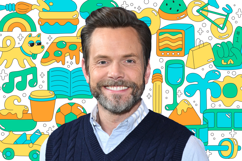 Photo of a actor Joel McHale on a background of colorful illustrations like a book, dog, pizza, TV, shopping bag, and more