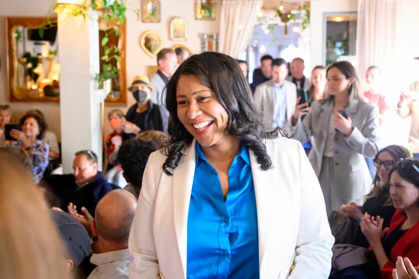 SAN FRANCISCO, CALIFORNIA - JUNE 10: San Francisco Mayor London Breed arrives to a panel at MannyOs in San Francisco, California on June 10, 2024. Collectively, these two women represent about 12% of all Californians and manage more than $25 billion of city budgets. (Josh Edelson / For The Times)