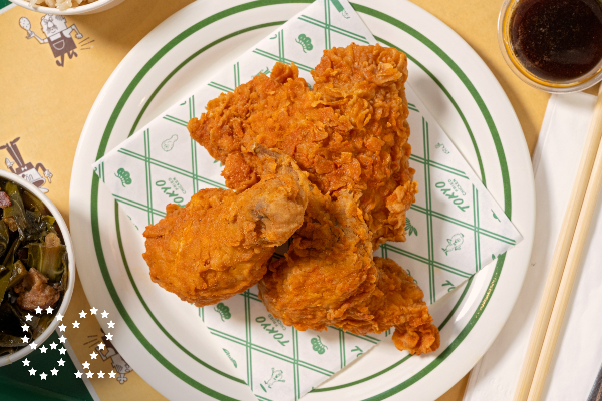 LOS ANGELES, CA - OCTOBER 29, 2024: a 3 piece chicken plate with sides of rice and collard greens at Tokyo Fried Chicken in downtown Los Angeles. (Ron De Angelis / For The Times)