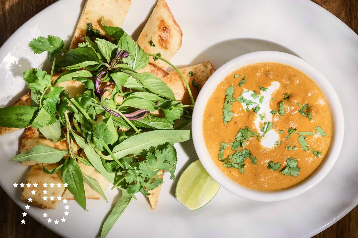 SANTA MONICA, CA - OCTOBER 14: Koda farms chickpea curry with flatbread at Cassia in Santa Monica, CA on Monday, Oct. 14, 2024. (Myung J. Chun / Los Angeles Times)