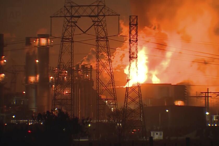 This image from video shows flames rising after a major fire erupted Thursday afternoon at the Moss Landing Power Plant, located about 77 miles (about 124 kilometers) south of San Francisco, Thursday, Jan.16, 2025. (KSBW via AP)