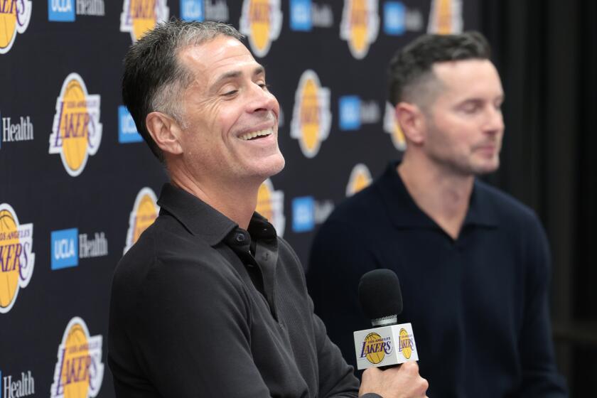 El Segundo, California September 25, 2024-Lakers GM Rob Pelinka, and head coach JJ Redick answer questions during a press conference at the UCLA Health Training Center in El Segundo Wednesday. (Wally Skalij/Los Angeles Times)