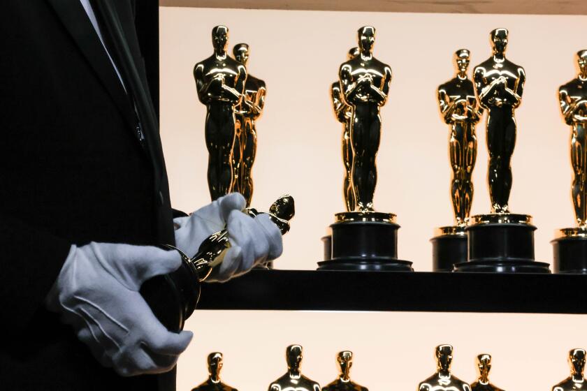 HOLLYWOOD, CA - March 27, 2022: Oscar statuettes sit on display backstage during the show at the 94th Academy Awards at the Dolby Theatre at Ovation Hollywood on Sunday, March 27, 2022. (Robert Gauthier / Los Angeles Times)