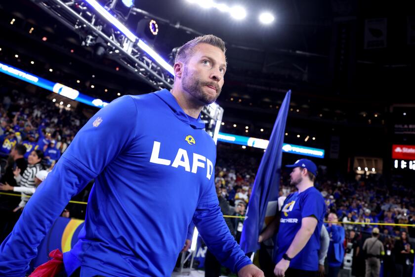 Glendale, Arizona January 13, 2025-Rams head coach Sean McVay comes on to the field before a game against the Vikings in an NFC playoff game at State Farm Stadium in Glendale, Arizona. (Wally Skalij/Los Angeles Times)