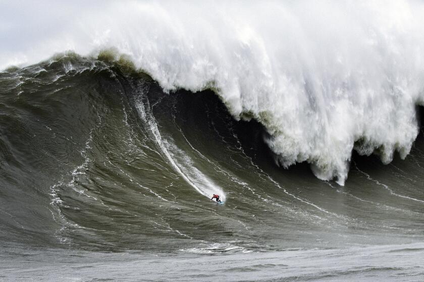 Half Moon Bay, California-Dec. 23, 2024-During the "Big Wave Challenge" held recently at Mavericks Beach, Alo Slebir rode a massive wave was possibly over 100 feet tall and that Slebir, at 23, has set a new world record. (Frank Quirarte)