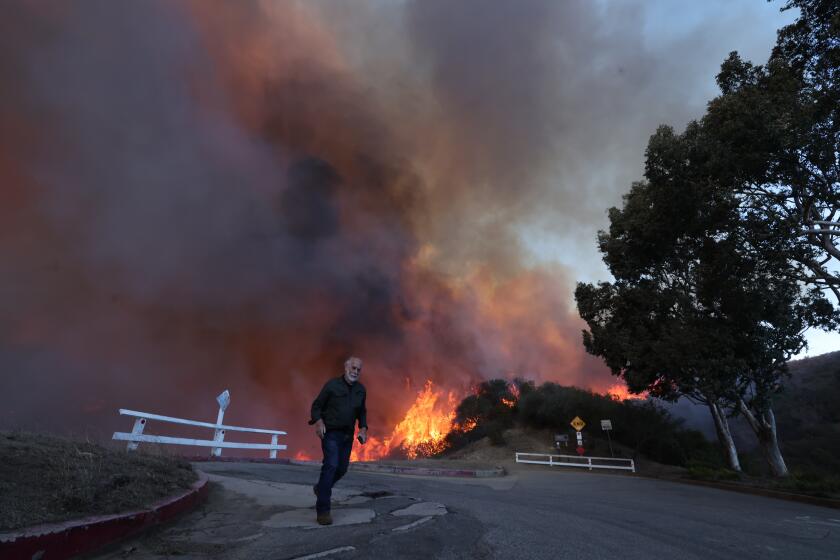 PACIFIC PALISADES, CALIF JANUARY 7, 2024 - A man retreats from the Palisades fire in Pacific Palisades, which quickly consumed more than 1,200 acres on Tuesday, Jan. 7, pushed by gusting Santa Ana winds. (Brian van der Brug / Los Angeles Times)