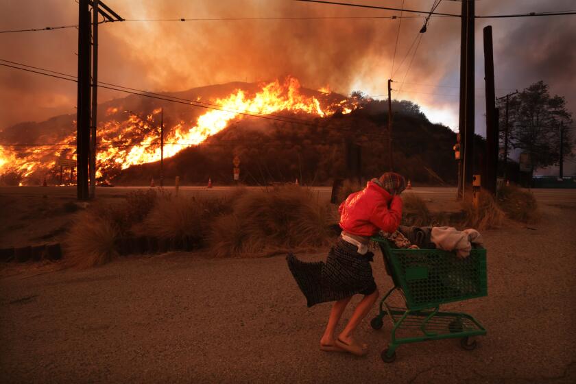 Pacific Palisades, CA - January 07: A homeless woman pushes her belongings off Pacific Coast Highway.