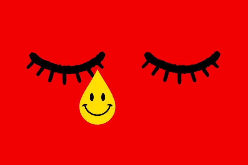 illustration of two closed eyes crying a single tear in the form of a smiley face