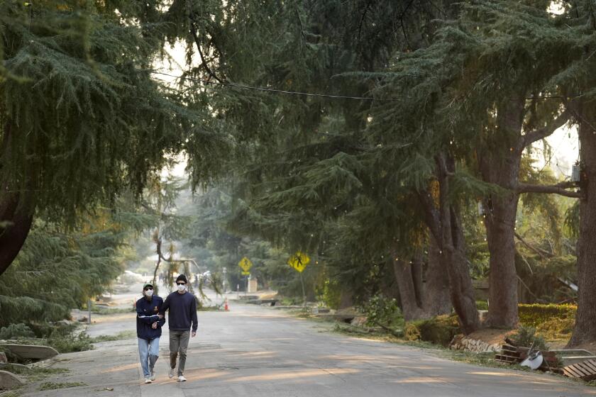 Marissa Rutka, left, and her husband Kevin Clark-Ryan, who said their house was destroyed in the Eaton Fire, walk up Santa Rosa Avenue, also known as Christmas Tree Lane, Thursday, Jan. 9, 2025, in Altadena, Calif. (AP Photo/Chris Pizzello)