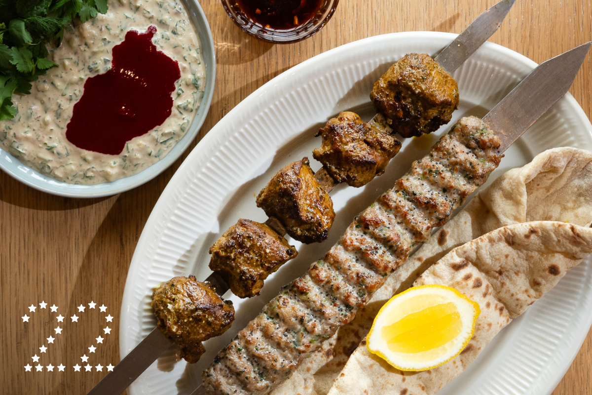 LOS ANGELES, CA - OCTOBER 22: Skewers with lamb shishlik and iberico pork and roasted celery root at Saffy's in Los Angeles, CA on Tuesday, Oct. 22, 2024. (Myung J. Chun / Los Angeles Times)