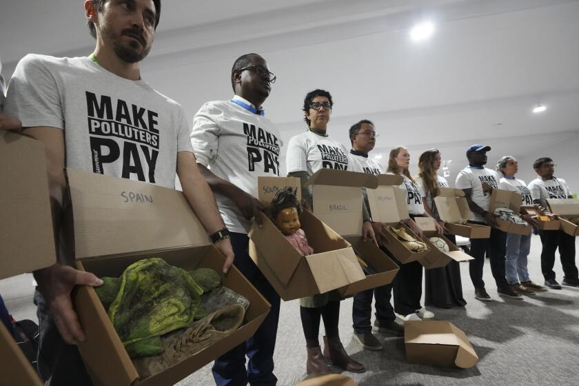 Demonstrators wearing shirts that say "make polluters pay" hold items that were recovered by support teams from extreme weather events and displayed at the COP29 U.N. Climate Summit, Monday, Nov. 18, 2024, in Baku, Azerbaijan. (AP Photo/Sergei Grits)