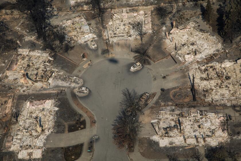 SANTA ROSA, CALIF. -- WEDNESDAY, OCTOBER 11, 2017: Aerial view of the damage caused by wildfire that destroyed the Coffey Park neighborhood in Santa Rosa, Calif., on Oct. 11, 2017. (Marcus Yam / Los Angeles Times)