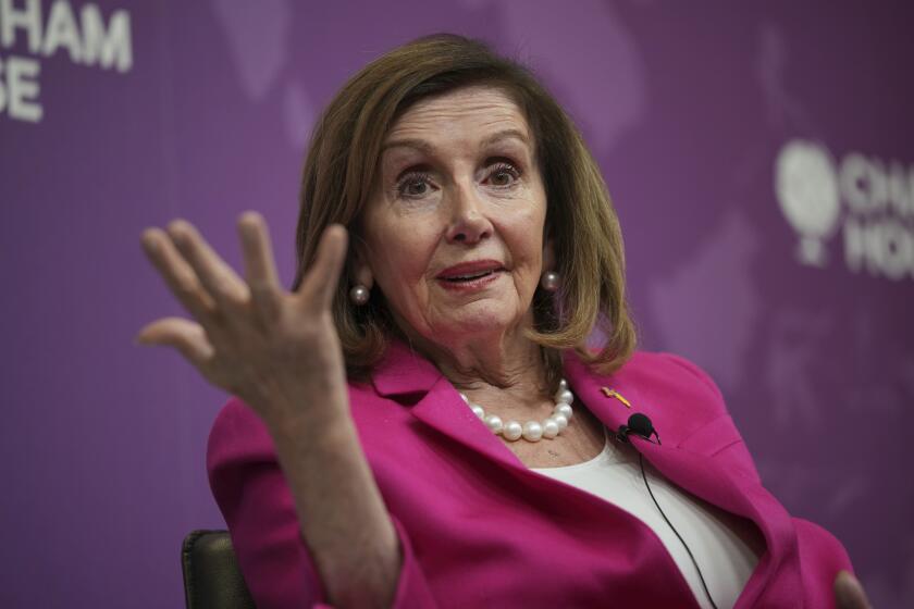 Former U.S. Speaker of the House of Representatives, Nancy Pelosi, speaks at Chatham House, to discuss challenges to American democracy and the importance of leadership in an election year, in London, Monday, Oct. 14, 2024. (AP Photo/Kin Cheung)