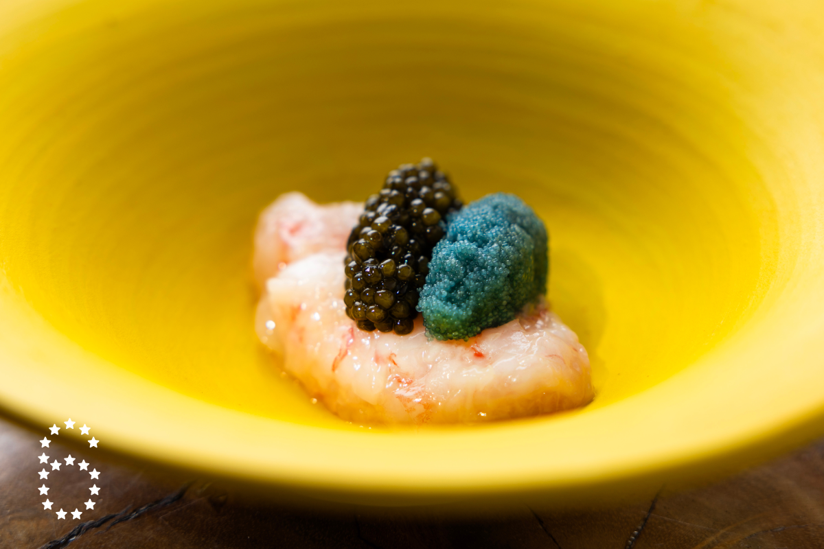 LOS ANGELES, CA - SEPTEMBER 12: Amaebi tartare, (sweet shrimp from Hokkaido) with kaluga caviar and amaebi roe (natural teal color) dressed with yuzu juice and salt at Morihiro in Los Angeles, CA on Thursday, Sept. 12, 2024. (Myung J. Chun / Los Angeles Times)