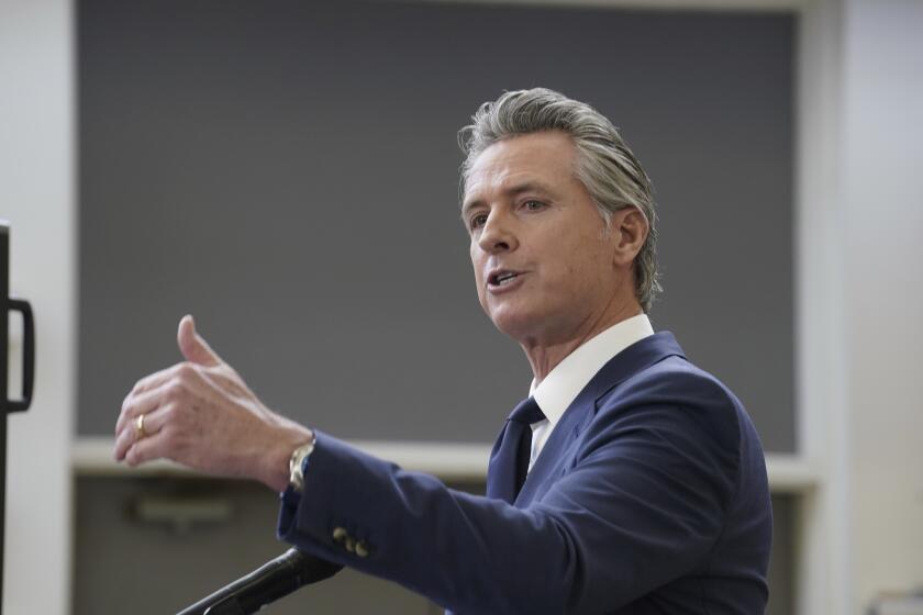 California Gov. Gavin Newsom outlines his proposed 2025-2026 $322 billion state budget during a news conference at California State University, Stanislaus in Turlock, Calif., Monday, Jan. 6,2025. (AP Photo/Rich Pedroncelli)