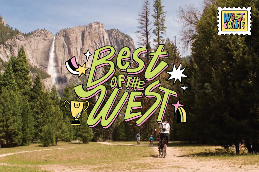 Photo of people biking at Yosemite Valley with the words "Best of the West" in the middle and a stamp in the corner.