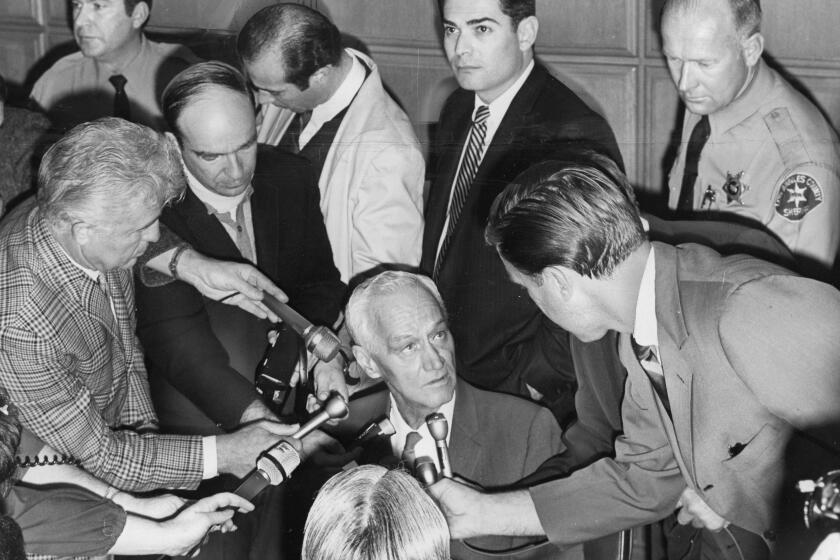 Los Angeles, CA - March 6, 1968: William Dale Archerd is interviewed by host of reporters after he hears the final verdict, in March of 1968. ( Larry Sharkey , Los Angeles Times )