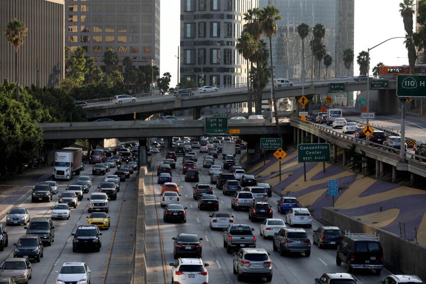 LOS ANGELES, CALIF. -- TUESDAY, SEPTEMBER 17, 2019: Downtown Los Angeles seen from the 110 Freeway in Los Angeles, Calif., on Sept. 17, 2019. (Gary Coronado / Los Angeles Times)