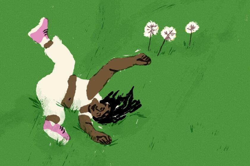 Illustration of a woman rolling down a green hill with dandelion flowers