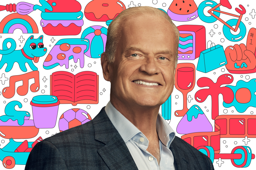 Photo of actor Kelsey Grammer on a background of colorful illustrations like a book, dog, pizza, TV, shopping bag, and more