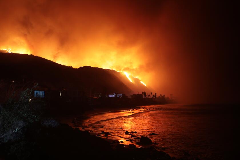 Malibu, California January 8, 2025-The Palisades Fire burns along PCH in Malibu. Tuesday. (Wally Skalij/Los Angeles Times)