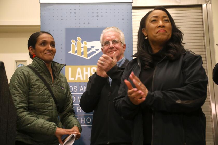 NORTH HOLLYWOOD, CA - JANUARY 23, 2024 - - Los Angeles City Council member Nithya Raman, from left, Los Angeles City Council President Paul Krekorian and LAHSA CEO Dr. Lecia Adams Kellum attend a presser to kick off the first night of the Los Angeles Homeless Services Authority's 2024 homeless count in North Hollywood on January 23, 2024. After Raman, Krikorian and Dr. Kellum joined groups of volunteers to count the homeless of North Hollywood. This is part of LAHSA's effort to capture a point-in-time snapshot of the homelessness crisis impacting the region. (Genaro Molina/Los Angeles Times)