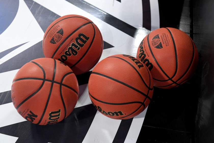 Basketballs on a court.