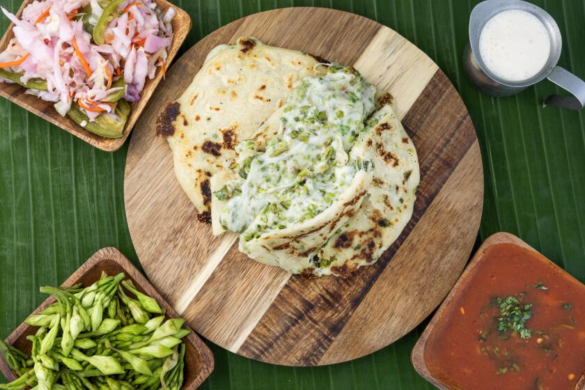 LOS ANGELES, CA - OCTOBER 01: Queso and loroco pupusas at Delmy's Pupusas in Los Angeles, CA on Tuesday, Oct. 1, 2024. (Myung J. Chun / Los Angeles Times)