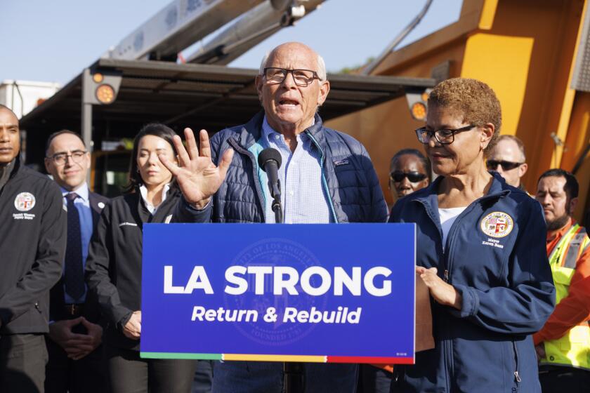 Los Angeles, CA - January 17: Steve Soboroff, who will lead the LA wildfire recovery efforts, speaks along side Los Angeles mayor Karen Bass at the City Service Yard on Friday, Jan. 17, 2025 in Los Angeles, CA. (Carlin Stiehl / For the Times)