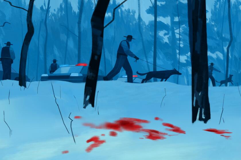 Illustration of a police search party in a snowy wooded area. Splatters of blood are seen in the snow.