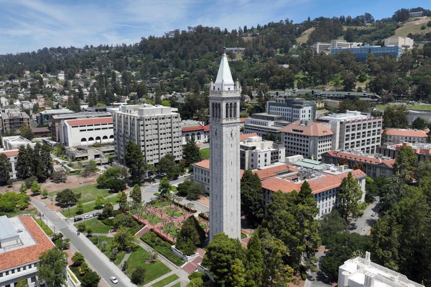 BERKELEY, CA - MAY 21, 2023 - A general aerial view of UC Berkeley and Sather Tower on Sunday, May 21, 2023. (Josh Edelson/for the Times)