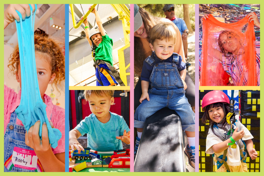 6 photos in a grid of children having fun with a colorful border around the images