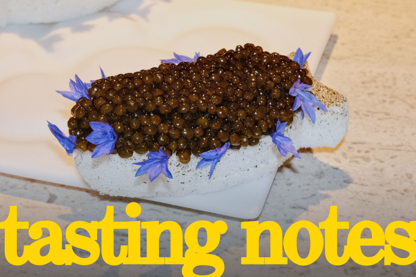 A savory course of caviar atop fish-shaped nori meringue at Somni in West Hollywood, photographed in November 2024.